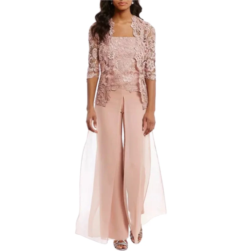 Customized Chic Blush Pink Three Piece Mother of the Bride Pant Suit Lace Jacket Chiffon Wedding Flowy Wide Leg Trousers Set