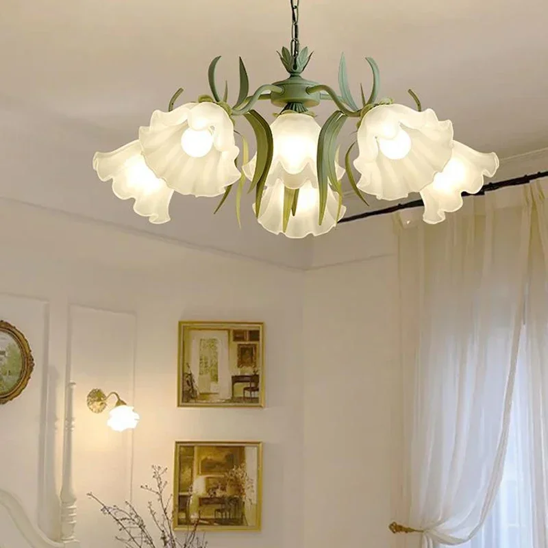 French Iron Pendant Light Nordic LED Lily Of The Valley Flower Chandelier For Bedroom Kitchen Parlor Restaurant Creative Lamp