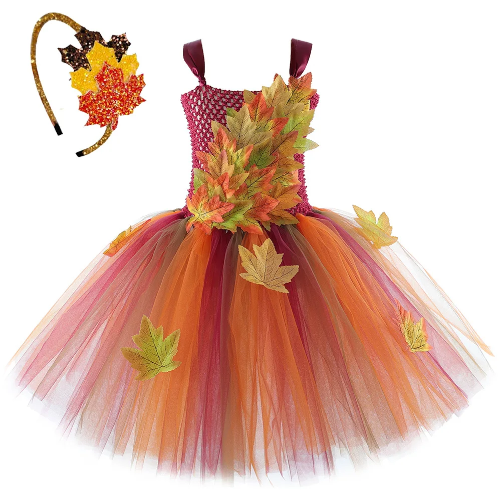 Simulated Maple Leaf Children's Mesh Dress Halloween Thanksgiving Girls' Princess girls Party Santa Outfit Kids Dress Up clothes
