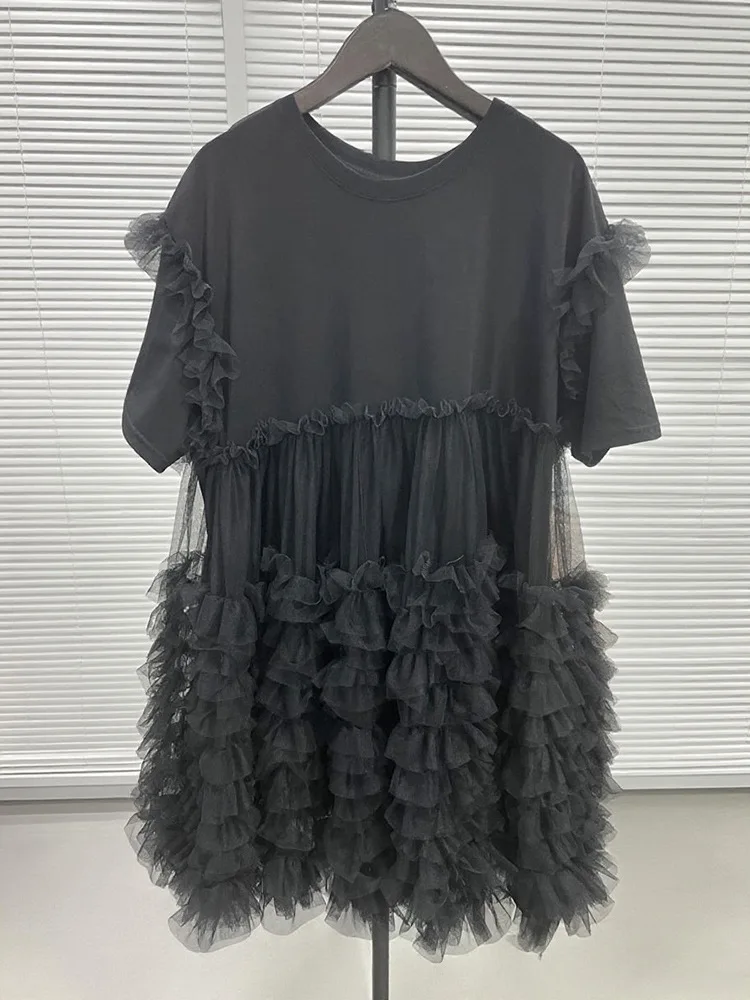 ผู้หญิงตาข่าย Spliced Ruffles ยาวเสื้อยืดกระโปรงปุยหลวมจีบ Tees ชุดแขนสั้นเส้นด้ายสุทธิ Ruched Tops Vestidos