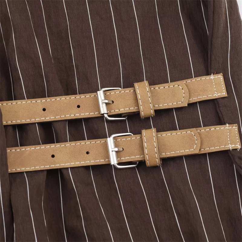 Women's Shirt 2025 Winter New Style Reddish-Brown Striped Long-Sleeve Shirt with Button Decor Loose Fit Stylish and Unique