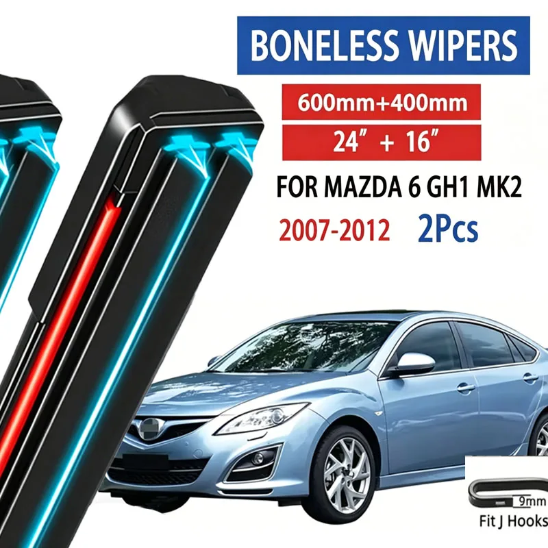 

2pcs For Mazda 6 GH1 MK2 2007-2012 2008 2009 2010 Car Front Wiper Soft Rubber Boneless Wiper HD Quiet Automotive Wiper 24"+16"
