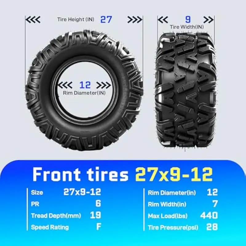 27x9-12 front + 27x11-12 rear quad tires — tubeless, 6-ply nylon construction, non-directional tread, 19 mm depth, F speed ratin