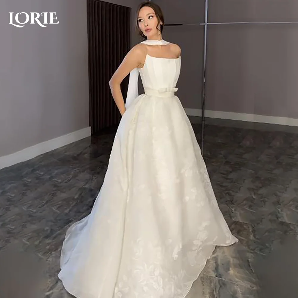 

LORIE Sexy Satin Strapless Wedding Dresses Bow Appliques Sweetheart A-Line Lace Customized Pearls Bridal Gown vestidos de novia