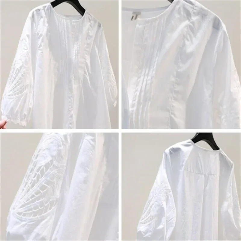 White Embroidered Shirt Women Blouses Cotton Shirts Hollow Summer Top Loose O-neck Cardigan Button Woman Blous Half Sleeve Shirt