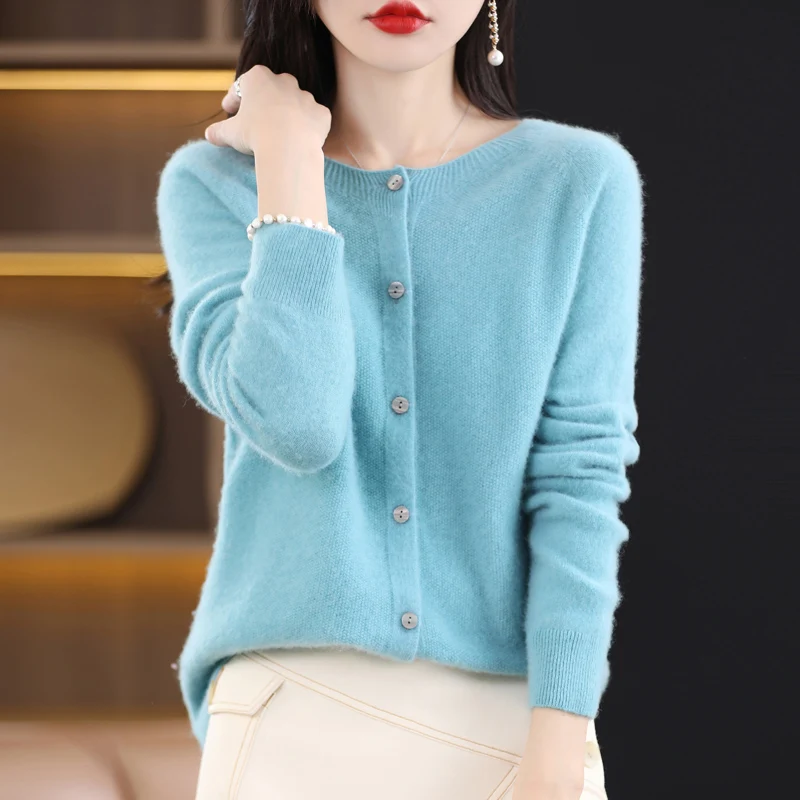 Women 100% Merino Wool Sweater New Round Collar Solid Color Knitted Cardigan Autumn Winter Casual Soft Jacket Bottoming Slim Top