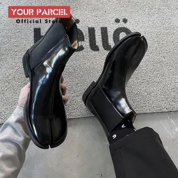 Men's split toe leather boots square toe leather shoes  English style short boots  women's Chelsea boots horseshoe shape