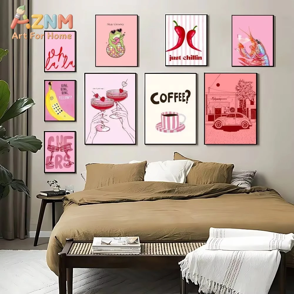 

1 шт., простой винтажный розовый постер с мультяшным рисунком, печать на холсте, картины для дома, для гостиной и спальни, современный декор для стен