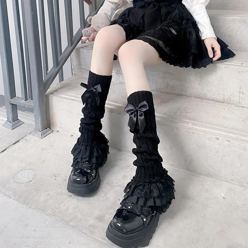 

Cute Bowknot Lace Trim Socks White Black JK Leg Warmer Calf Socks Lolita Middle Tube Stockings for Sweet Girls Casual Date Wear