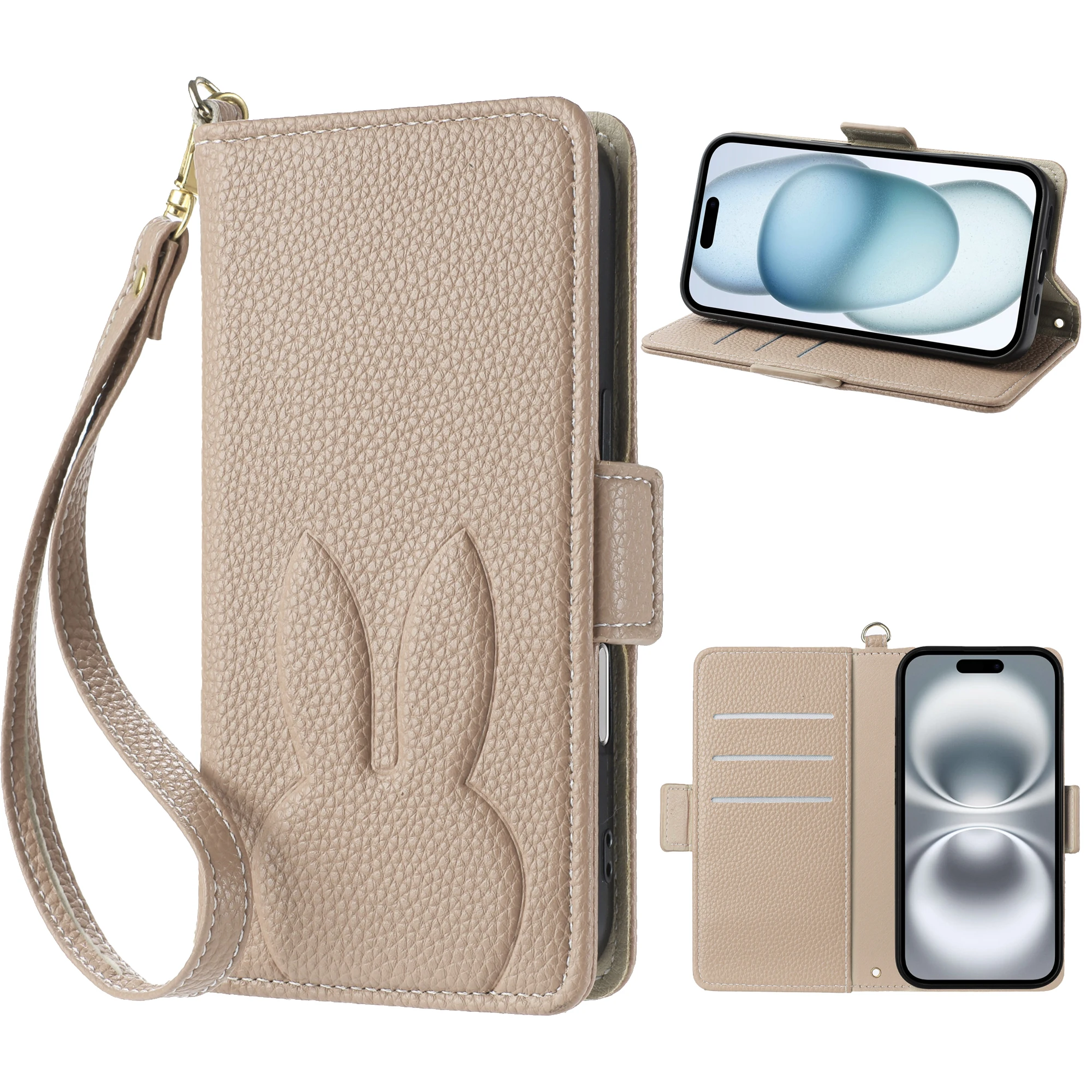 Niedliche 3D-Kaninchen-Blumen-Leder-Handy-Mappenhülle für iPhone 16 15 14 Plus 13 12 11 Pro Max XS X SE 16e Kartensteckplatz Flip-Cover – Detail 11