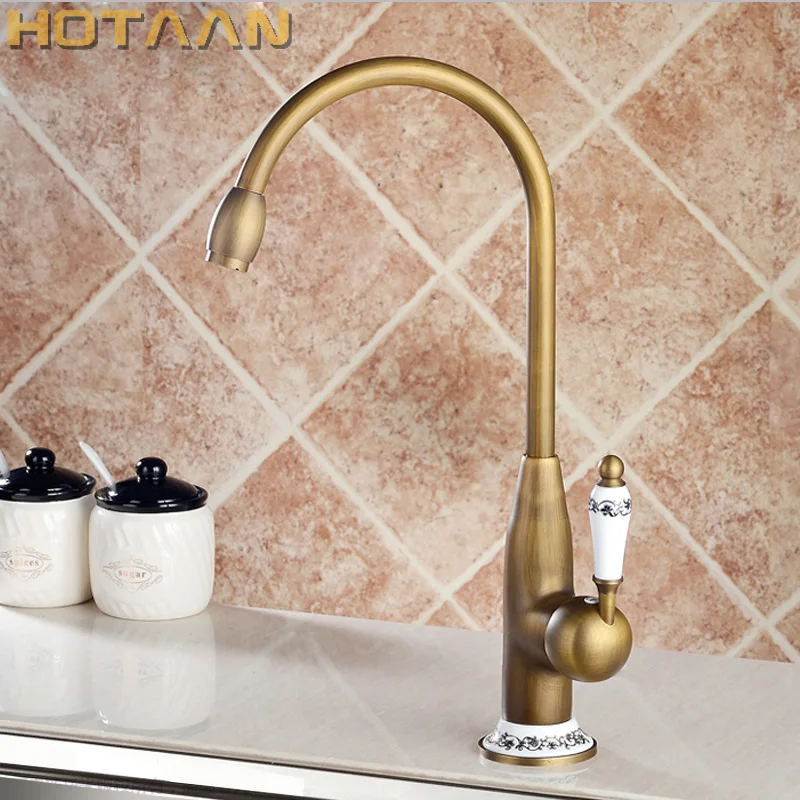 Hotaan Antique Brass Finish Kitchen Faucet  Swivel Basin Faucet 360 Degree Rotation Hot & Cold Water Mixers Tap Copper Made