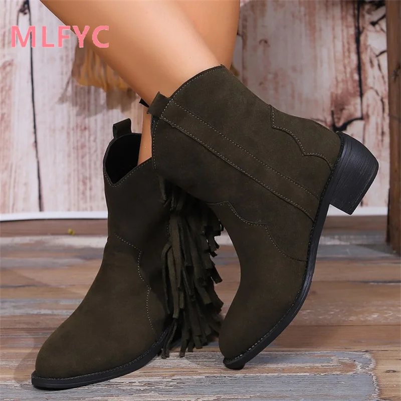 

Europe and America Large Western Knight Boots Winter New Vintage Tassel Boots Round Head Zipper Square Heel Short Boots