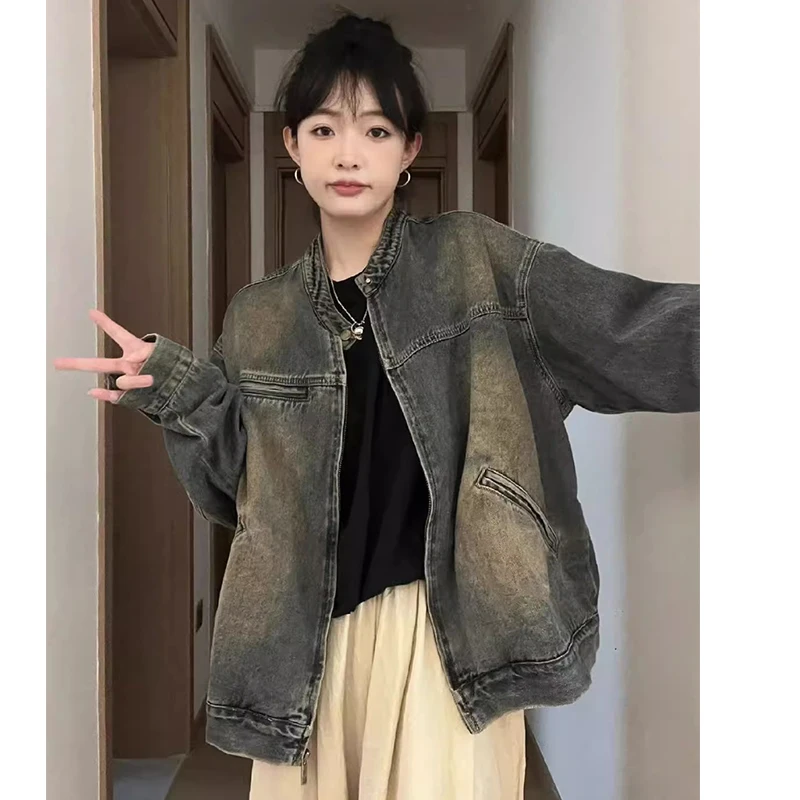 

Retro American Sle ort Jeans Jaet Women Spring Autumn Large Size Stand Collar Denim Coat Vintage Look Commute Sle