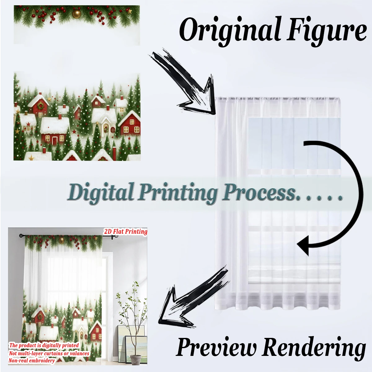 Cortina transparente con estampado plano de Navidad, casa de árboles de Navidad, baya de copo de nieve para decoración de sala de estar y dormitorio, fiesta navideña