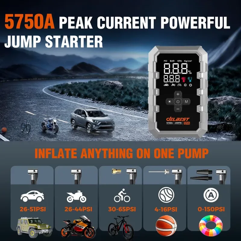 4-In-1 portable car battery emergency start power supply mobile power supply 34000mAh lithium battery pack with tire inflator