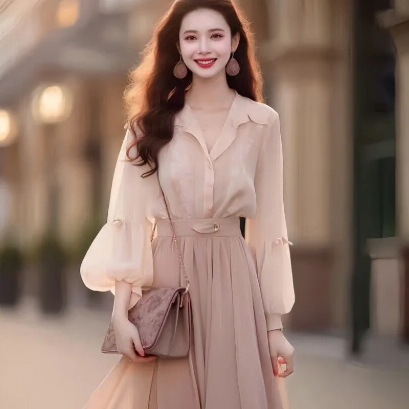 

2024 New Early Autumn Small Fragrant Style Shirt Set, Fashionable and Stylish, Pink Long Skirt Two Piece Set