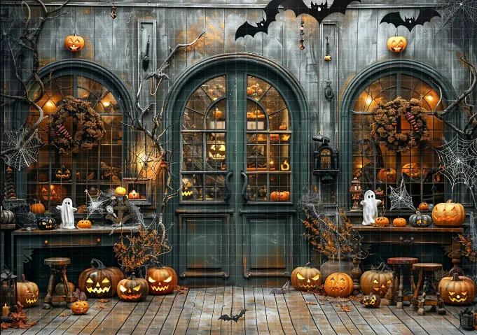 خلفية تصوير من Mehofond للهالوين، متجر اليقطين المخيف، خدعة أو علاج، صورة عيد ميلاد للأطفال، خلفية ديكور لاستوديو الصور