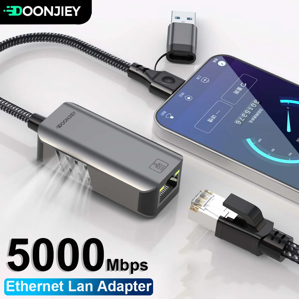 5000Mbps Wired USB Network Card Adapter 5Gbps High Speed Gigabit Network Adapter USB3.0 Type-C to RJ45 Ethernet Converter HUB