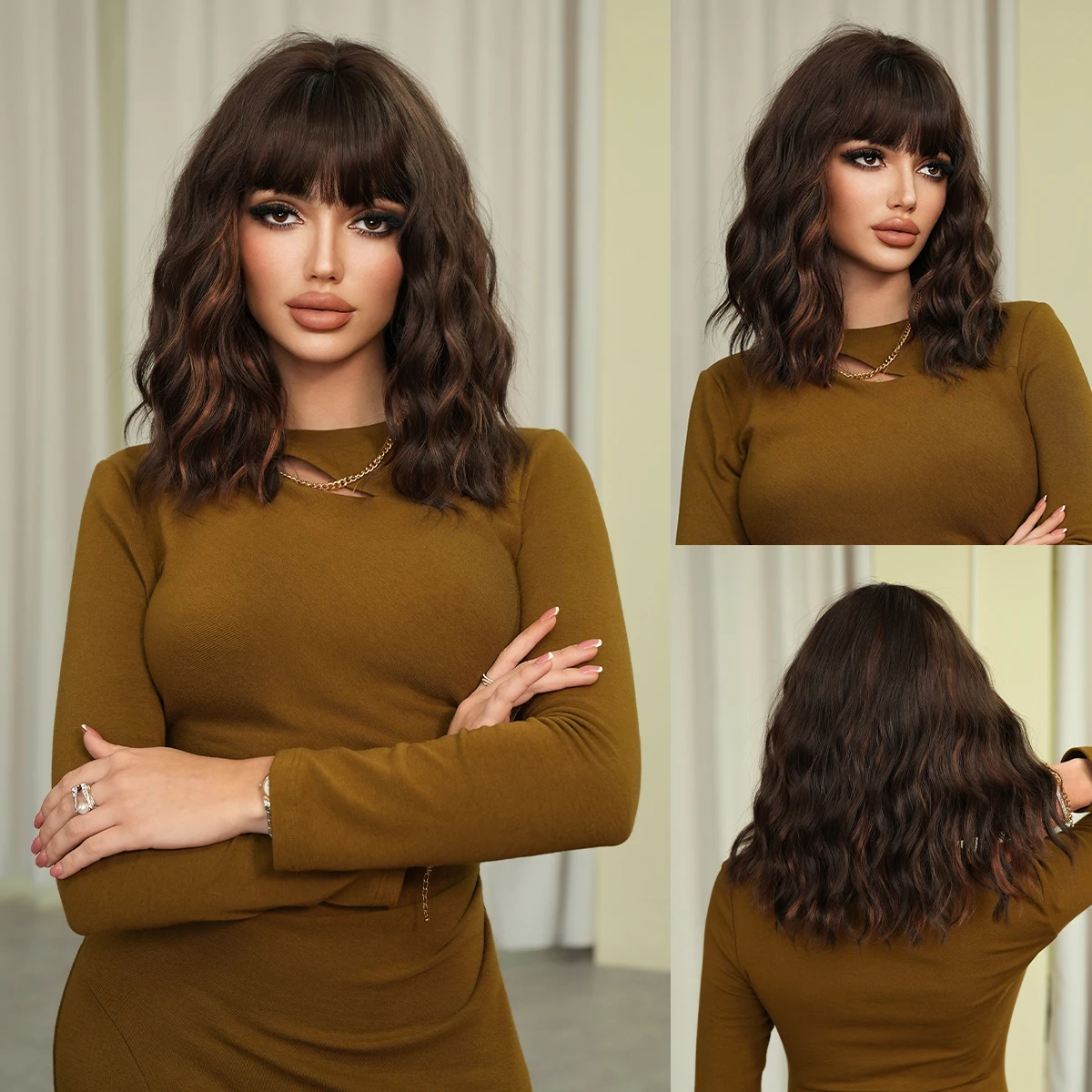 

NAMM Shoulder Length Wave Dark Black Wigs For Women Daily Cosplay Natural Highlight blonde High Density Synthetic Wig With Bangs