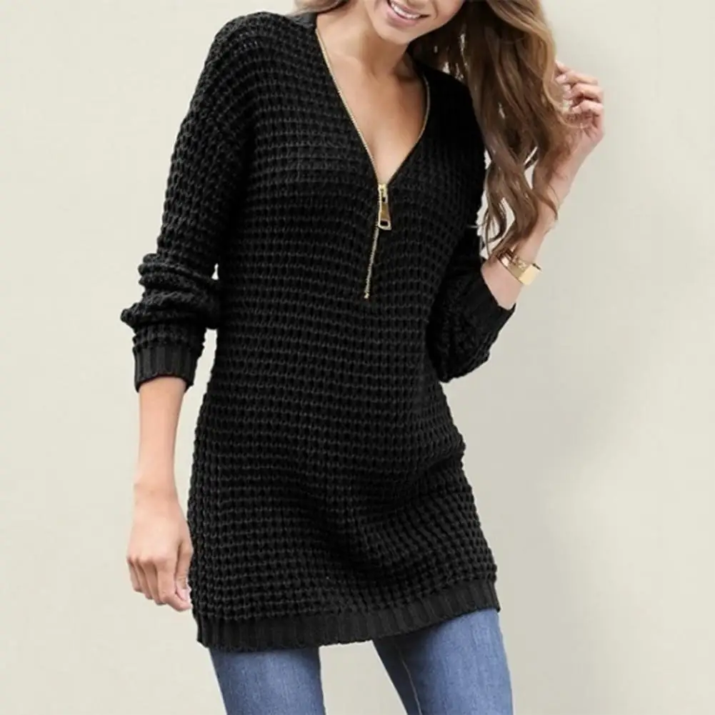 Women Sweater Chic Lady Knitted Sweater Dress Slim Fit V Neck Soft Pullover Stylish Mid Length Commute Style for Women Warm