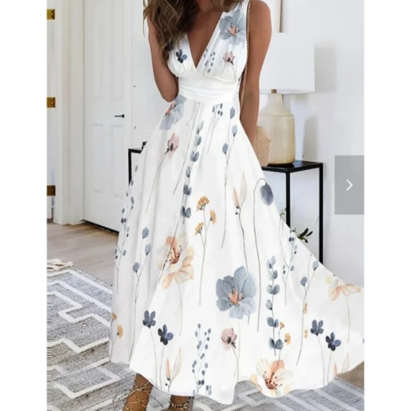 Elegant Women\'s Mid Length Dresse2023 Summer  Fresh  V-neck High Waist Sleeveless Printed Sexy Dress S-5XL