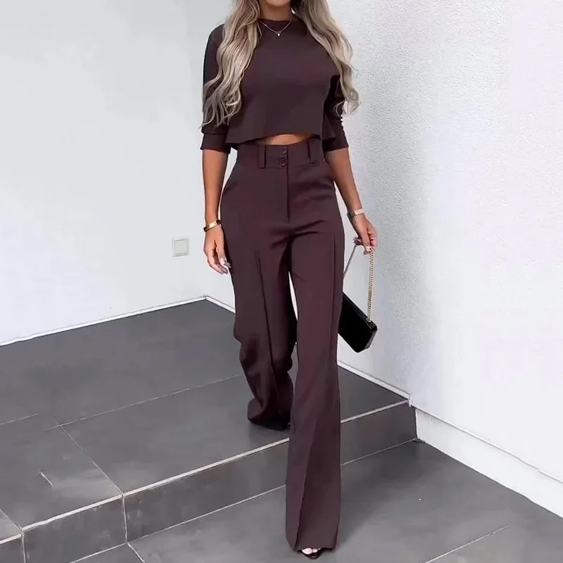 2023 Women Korean Solid Short Tops Two Piece Sets Simple Round Neck Loose Straight Long Pants Set High Waist Ladies Autumn