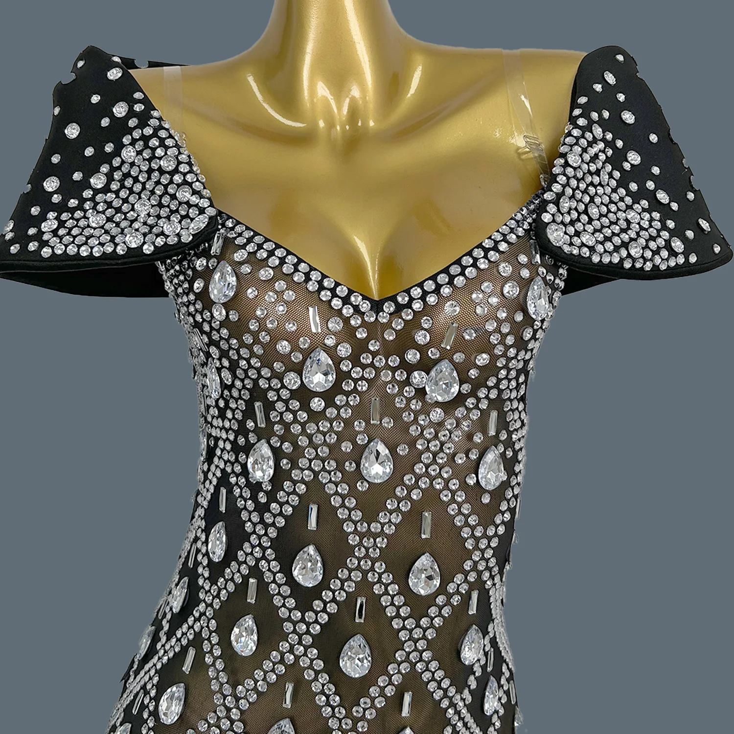

Sparkly Stunning Silver Rhinestone Black See Through Mesh Evening Dress Birthday Celebrate Party Women Sexy Ball Outfit Chuilian