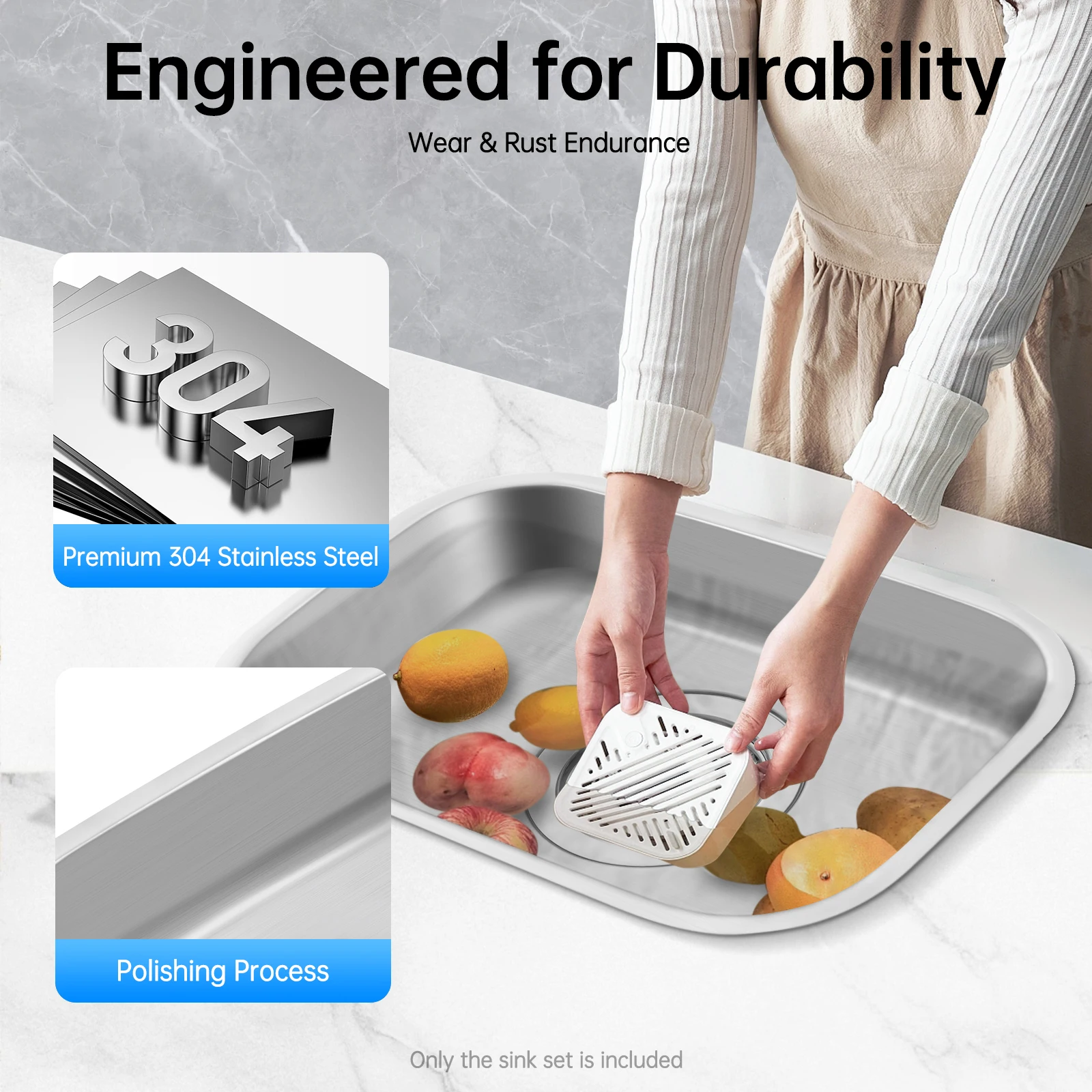 

304 Stainless Steel RV Wash Basin Soundproof Caravan Kitchen Sink Rust-Resistant Polished for Camper Boat