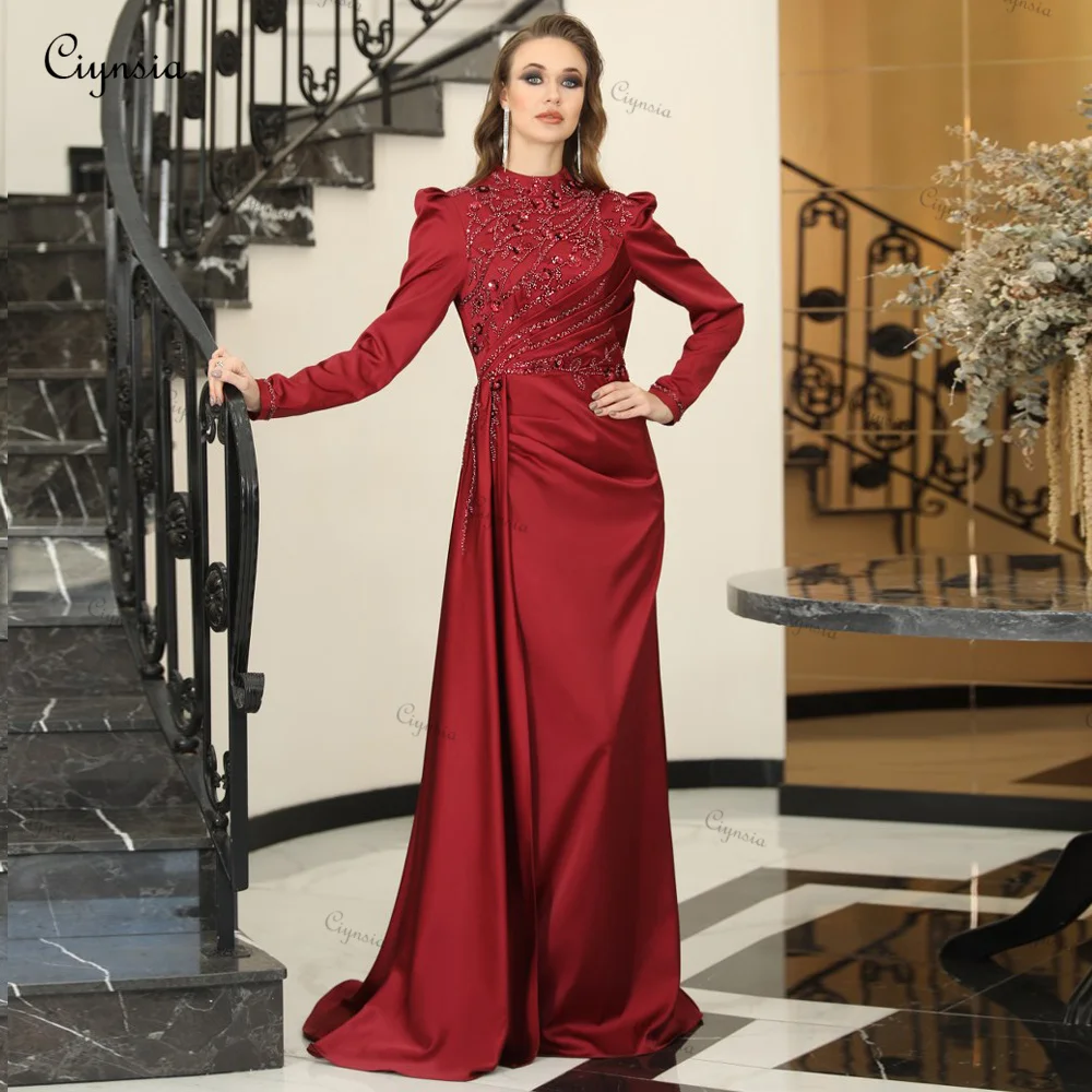 Ciynsia Modern Evening Dresses For Women Full Sleeves High Neck Formal Prom Gown Satin Mermaid Sweep Train Vestidos De Noche