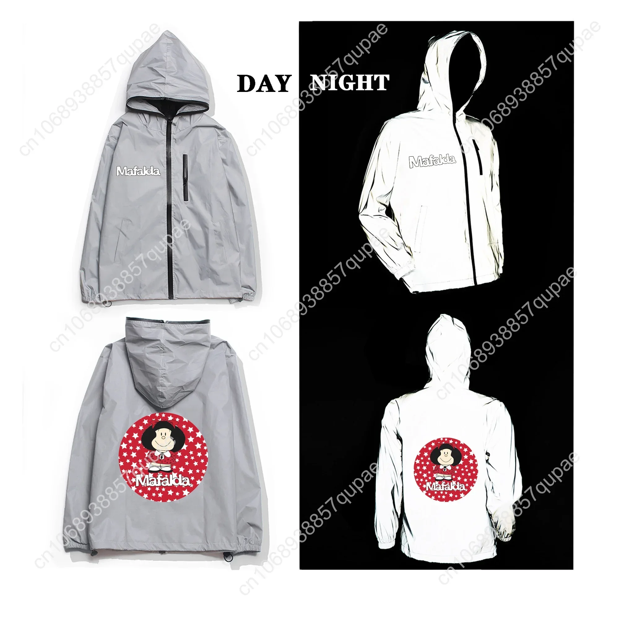 Mafalda Reflective Jacket Anime Mens Womens Coat Hooded Windbreaker Runing Pocket Jackets Cycling Hiking Zipper Custom Hoodie