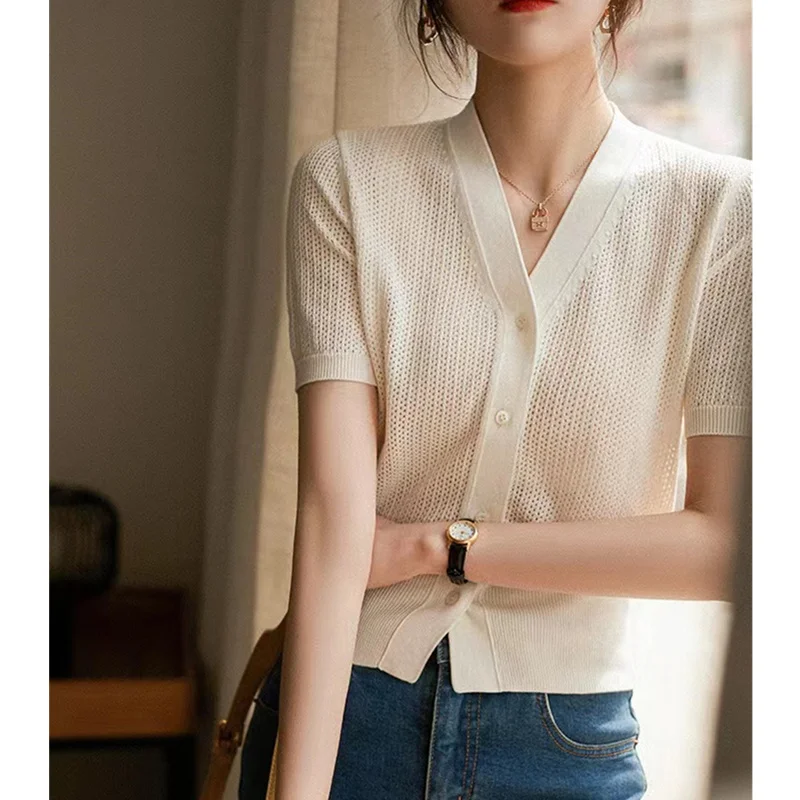 hollow out knit cardigan ice silk short sleeve female summer new air conditioning shirt cotton and linen sunscreen jacket