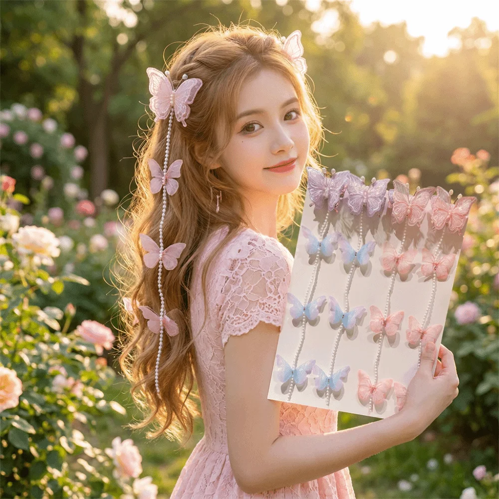 Sheer Mesh Butterfly Hair Clips Beaded Chain Long Tassel Braided Hair Clips Gradient Wings Ethereal Sweet Style Hair Barrettes