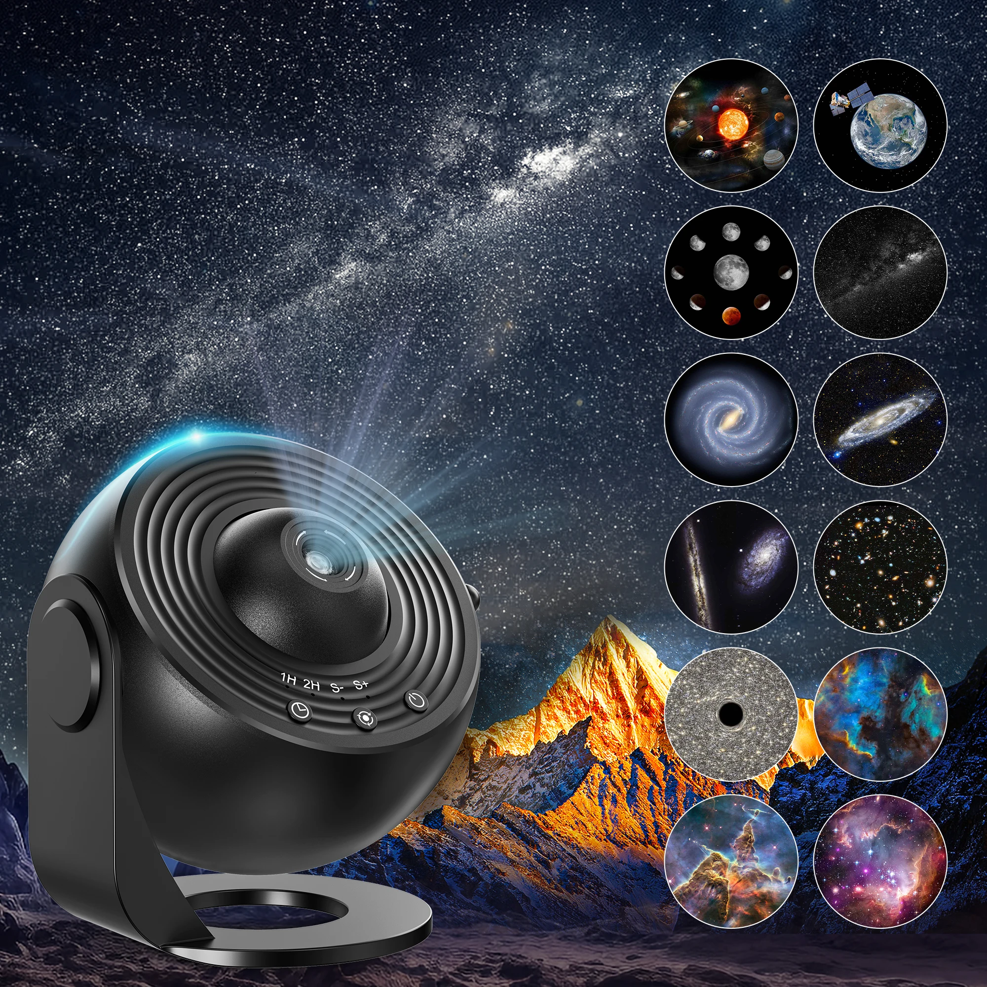 Proyector Galaxy Ultral Star 13 en 1, área de imagen HD, luz nocturna LED, 13 discos de película, 360 ° Temporizador giratorio de 1/2h para dormitorio de niños y adultos