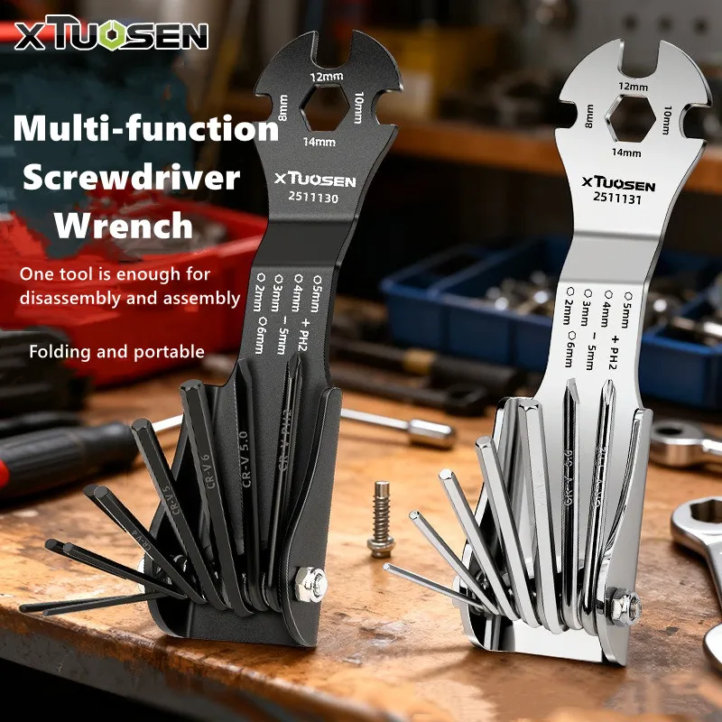 

Компактный многофункциональный инструмент со складными шестигранными ключами, ультратонким гаечным ключом и отверткой, универсальный для велосипедов, электроники и экстренного ремонта