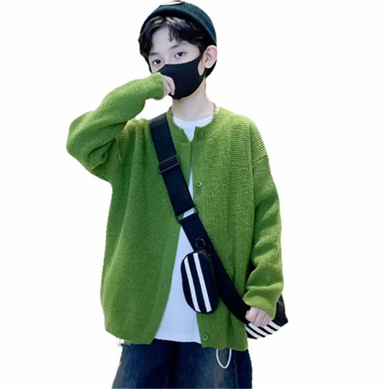 Korean Child Green Cardigan For Boys Soft Knitted Outerwear Clothing Teenage Kids Brief Style Knitwear Sweater With Buttons 5-14