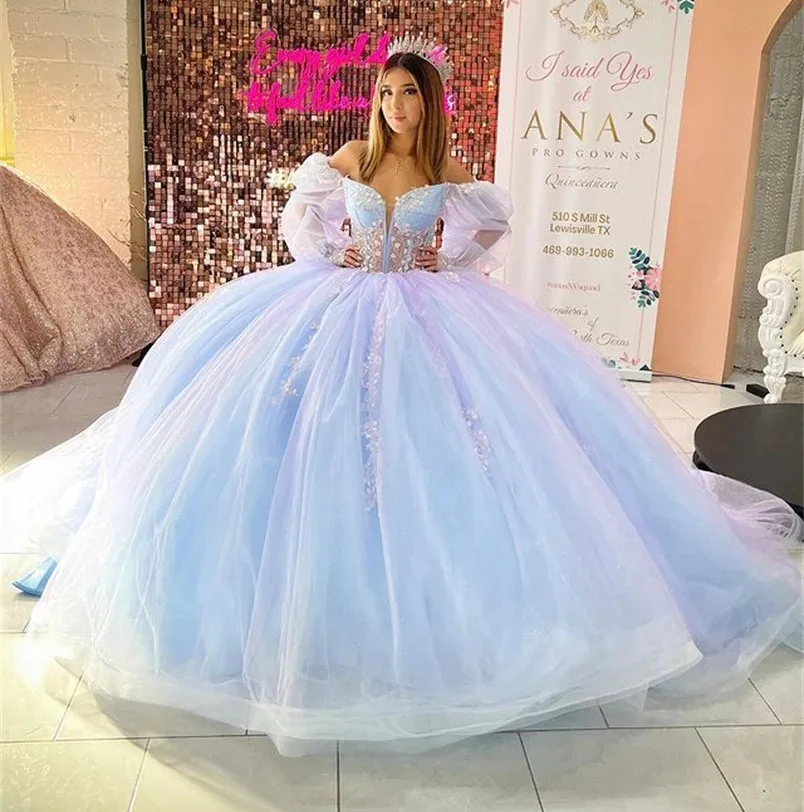 Vestido de baile princesa Quinceanera, Céu azul, Mangas compridas, Apliques de tule, Sweet 16 vestidos, 15 anos, personalizado