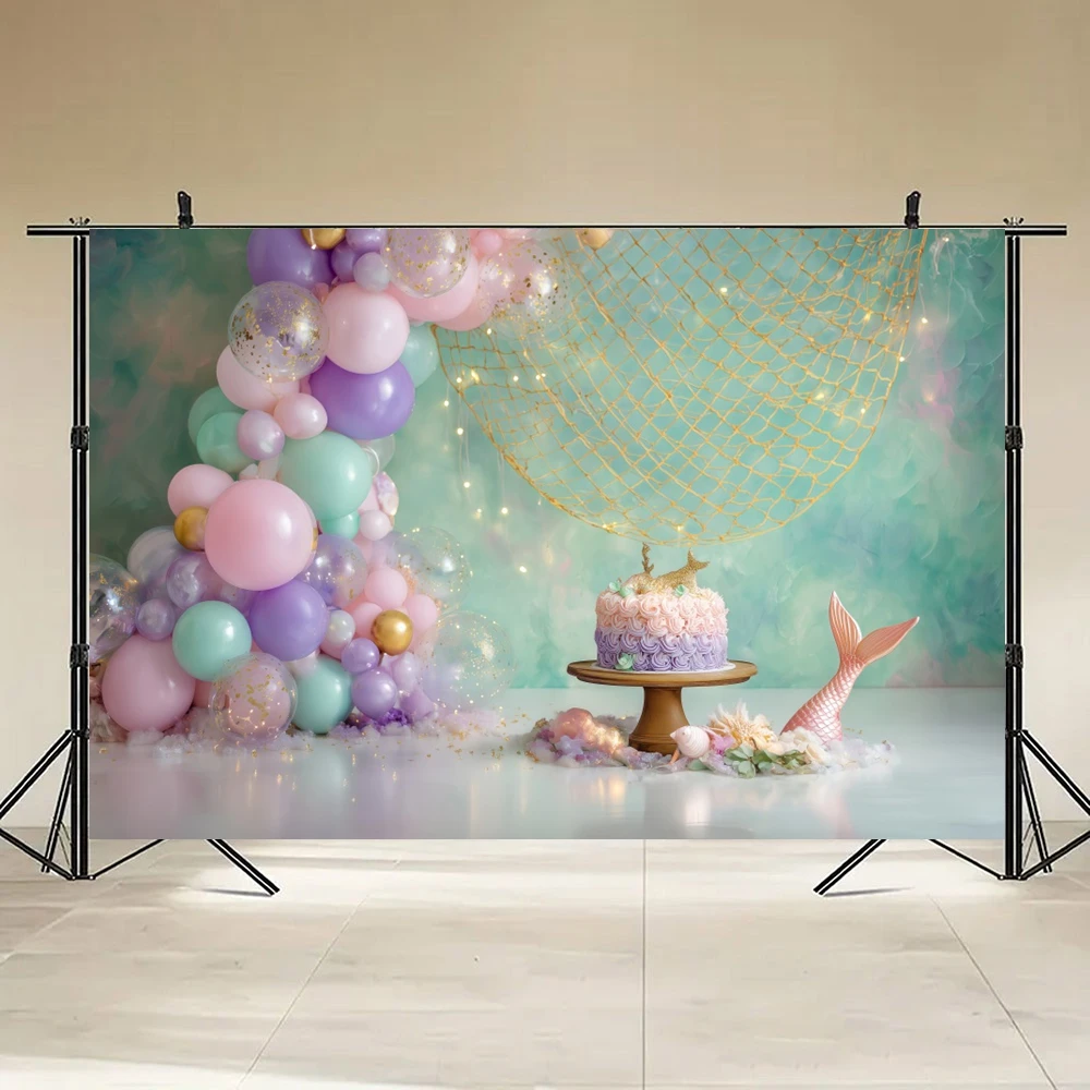 Mermaid Newborn 1st Birthday Party Decor Backdrop Purple Balloons Girls Portrait Photography Background Photo Studio Props