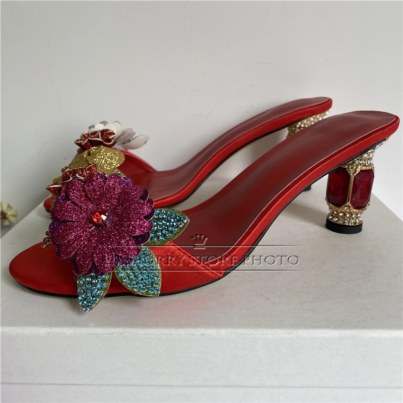 Bling Sequins Diamond Flower Sandals Women Luxury Satin Slingbacks Crystal Rhinestone High Heel Summer Shoes