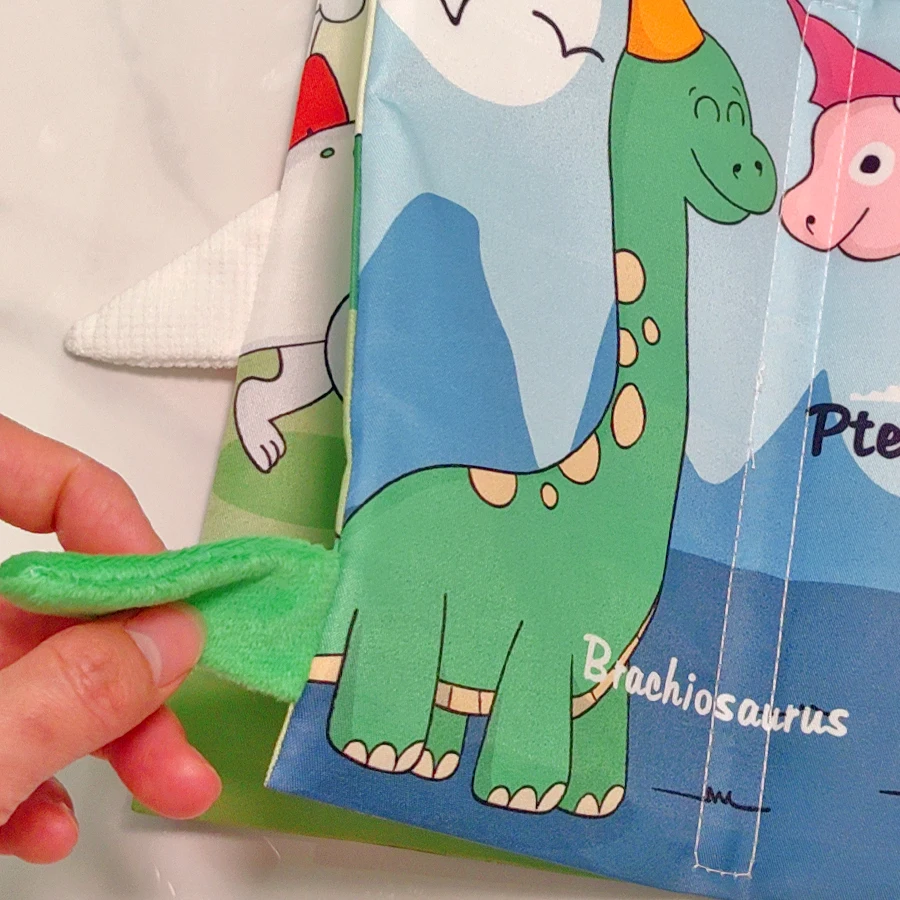 Libro in stoffa con coda di dinosauro per l'educazione precoce del bambino, lavabile, morso, duro a strappo a mano, libro cognitivo, giocattolo puzzle per neonati