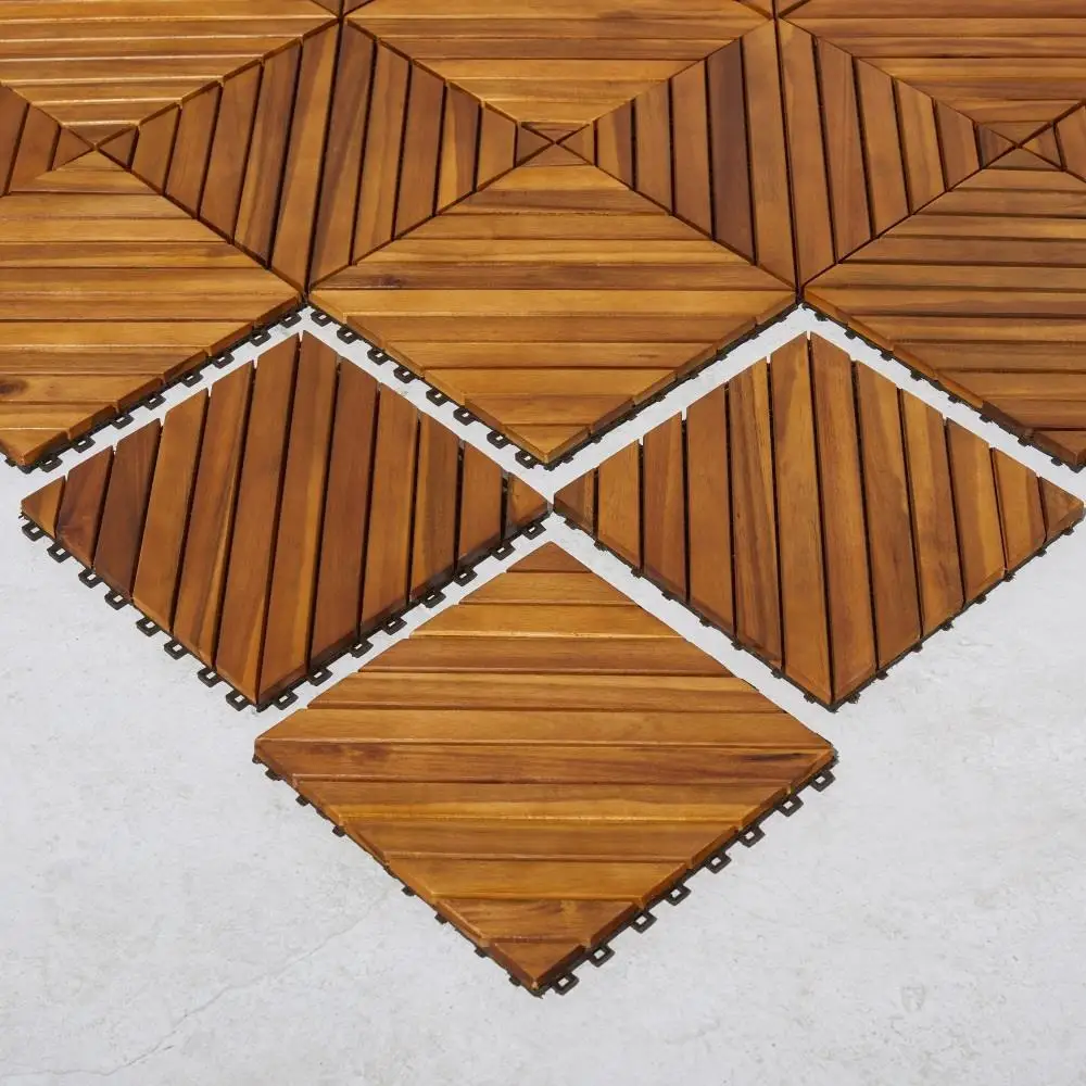 Set of 10 Acacia Interlocking Deck Tiles - 12-Diagonal Slat Design - Perfect for Outdoor Spaces