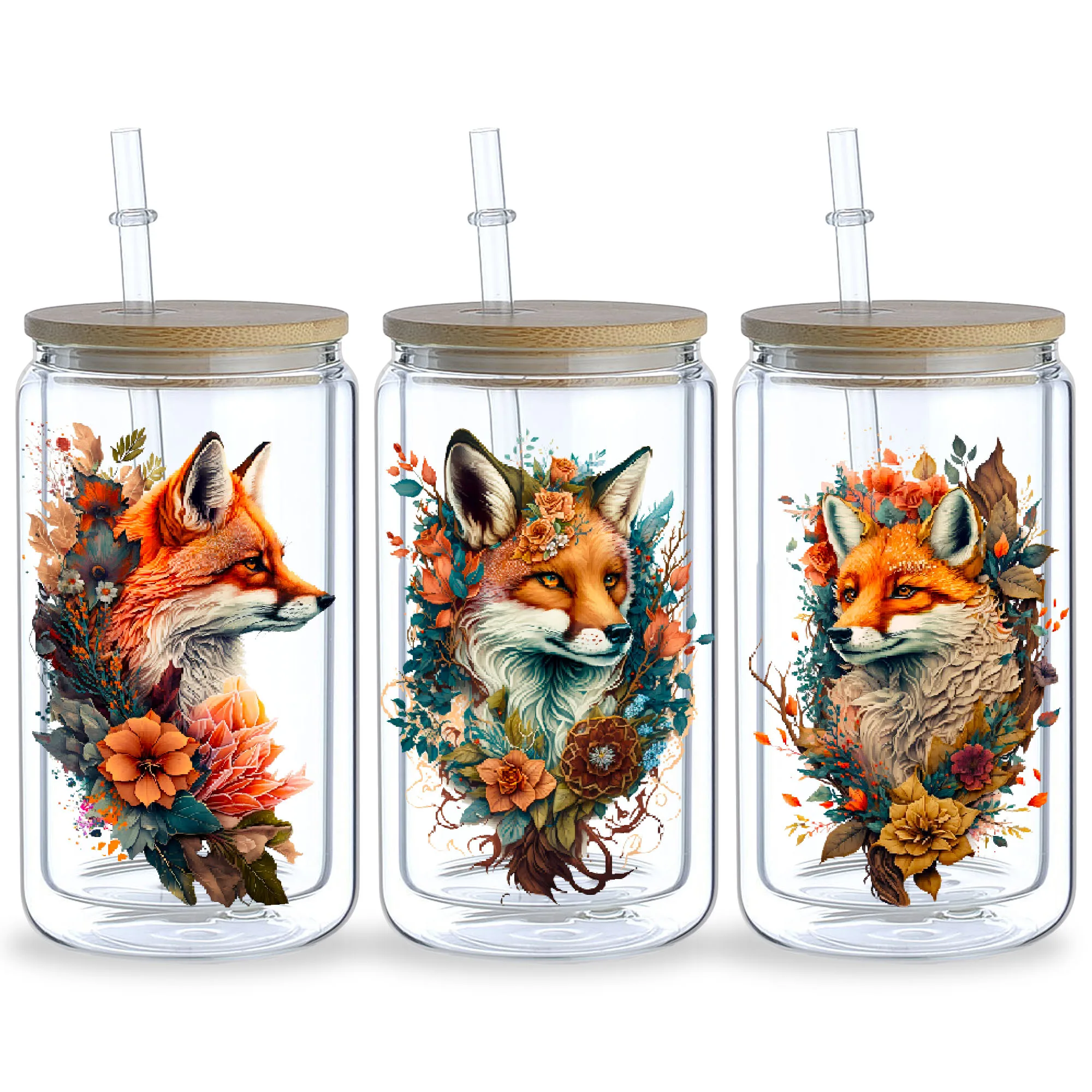 5 sheets fox UV DTF cup packaging for 16oz glass cup, waterproof and elegant fox stickers suitable for 16oz glass cup, DIY