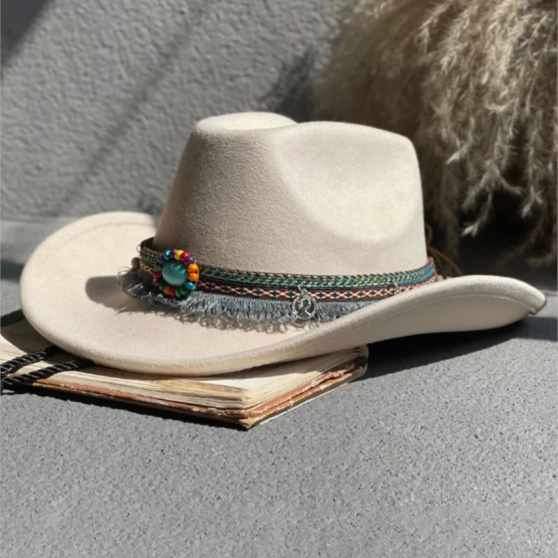 Cowboy hat for men casual with vintage beige wool top women jazz