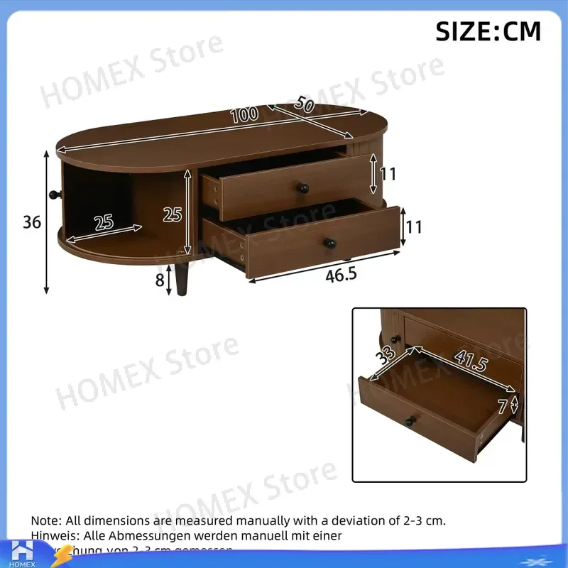 Modern Oval Coffee Table with 2 Sliding Doors and Drawers Walnut MDF Living Room Furniture Central Storage Rounded Corners