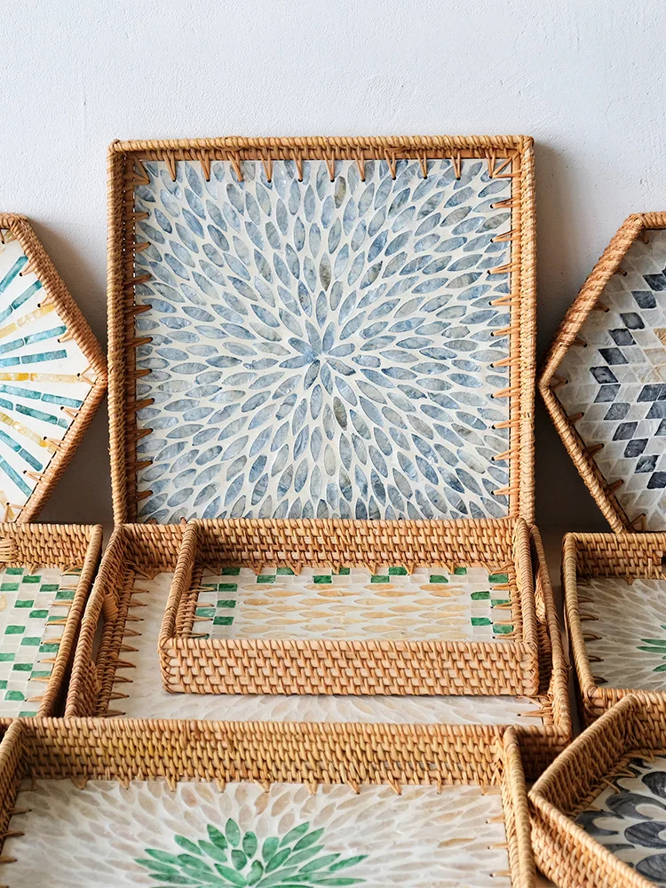 

Rattan Woven ell Mother of Pearl Tray Living Room Tea Table Basket Fruit Tray Tea Tray Vintage Chinese Sle Handmade Daily...