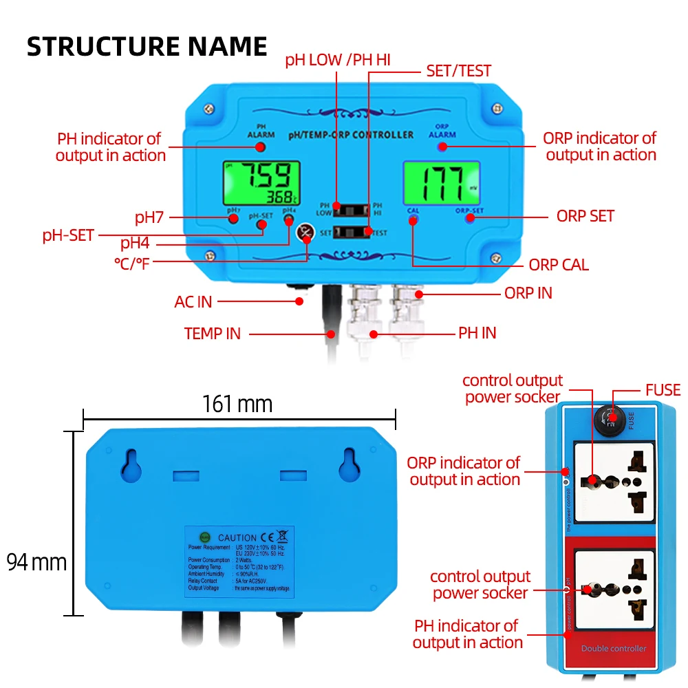 Imagem -03 - Controlador de Qualidade da Água Profissional In1ph Orp Temperatura Eletrodo Sonda tipo Bnc ph Orp Mostrador Duplo 100 de Desconto