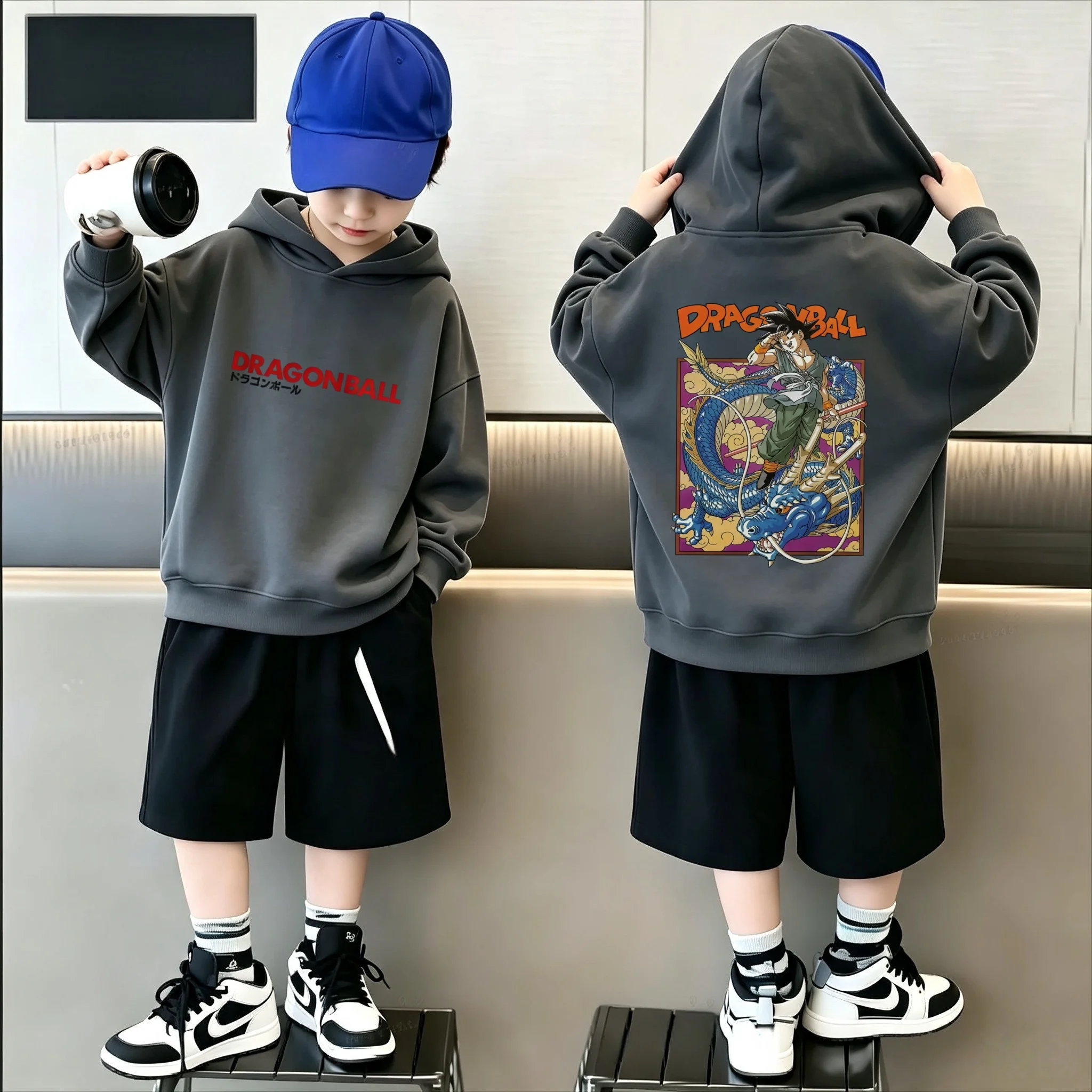 Kinder-Kapuzenpullover im Anime-Stil mit Dragon-Ball-Logo, großes Goku-Shenlong-Motiv, im Buchseiten-Design, bedruckter Kapuzenpullover. – Detail 2