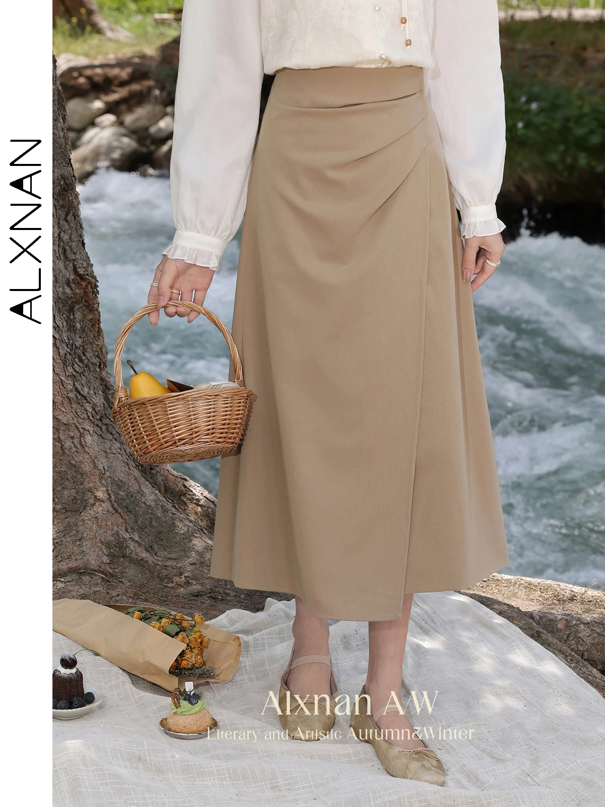 ALXNAN Khaki Casual Skirts for Women Trendy Chic A-line Pleated Irregular Hemline Design 2024 Autumn Female Midi Skirt L39533BSQ