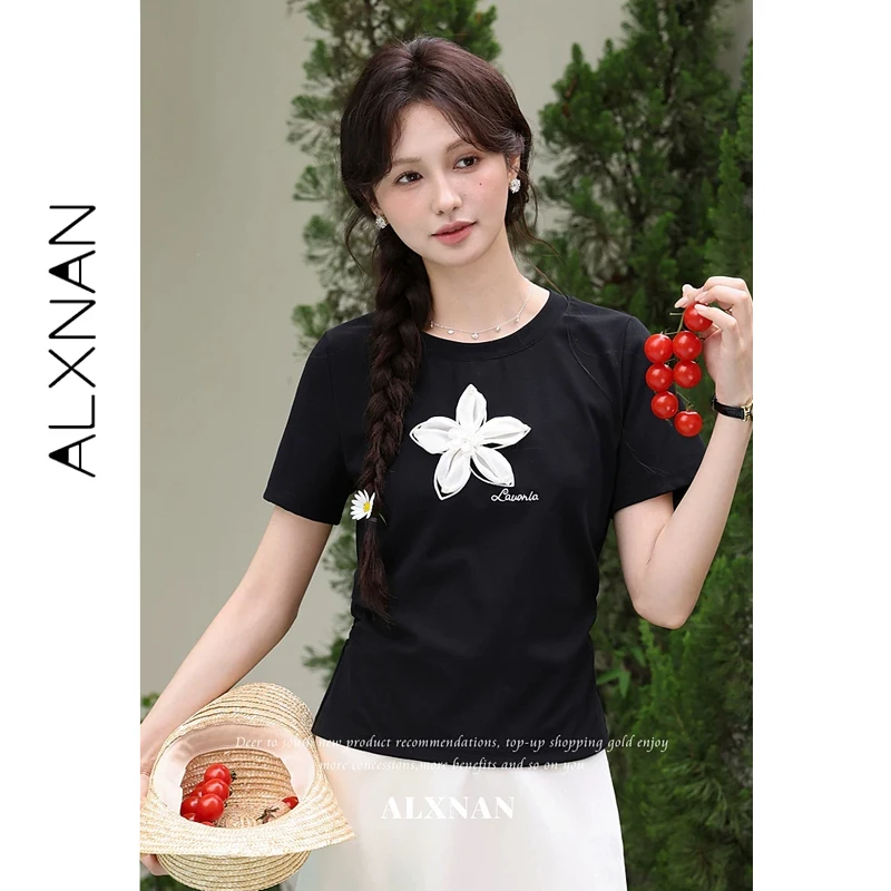 

ALXNAN Women's Black Crew Neck T-shirt Summer 2026 Floral Print Slim Fit Tees Casual Minimalist Chic Style Tops Ladies L65805