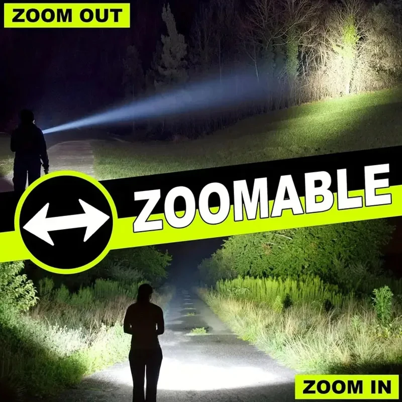 Senter LED Kuat 300000LM Super Terang Zoom Isi Ulang Tipe-C Senter Praktis untuk Berkemah dan Mendaki
