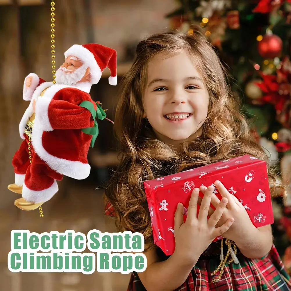 Electric Climbing Santa Claus on Beads Chain, Moving Figure Christmas Doll, Hanging Xmas Ornament Toy for Kids Christmas Gift